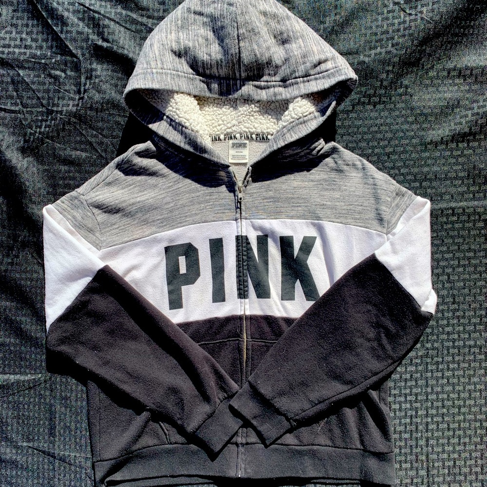 PINK Zip Up Hoodie in Black, White, & Grey Size Medium